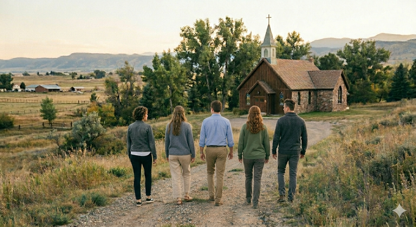 Five people walk down a dirt path toward a small cabin in a rural field at sunset.