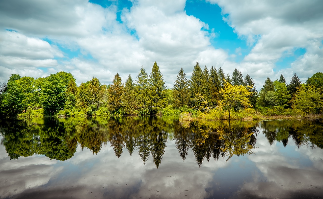 Colorful autumn trees reflected in a calm lake under a partly cloudy sky