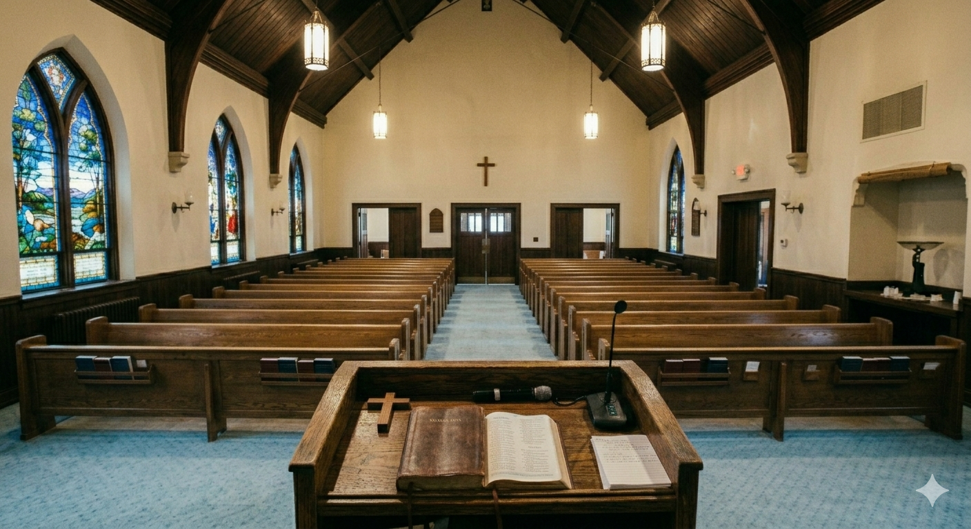 Church sanctuary with wooden pews, stained-glass windows, and an open Bible on the pulpit.
