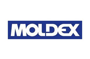 Un logotipo azul y blanco para Moldex sobre un fondo blanco.