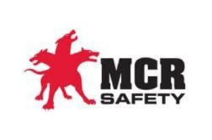 Un logotipo rojo y negro para seguridad mcr con un caballo de tres cabezas.