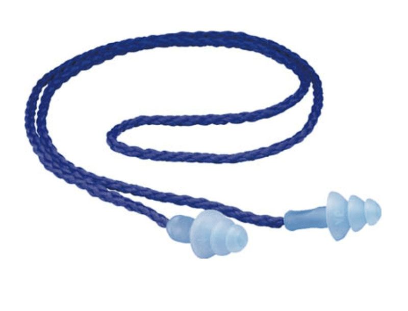 Un par de tapones para los oídos de color azul con una cuerda azul.