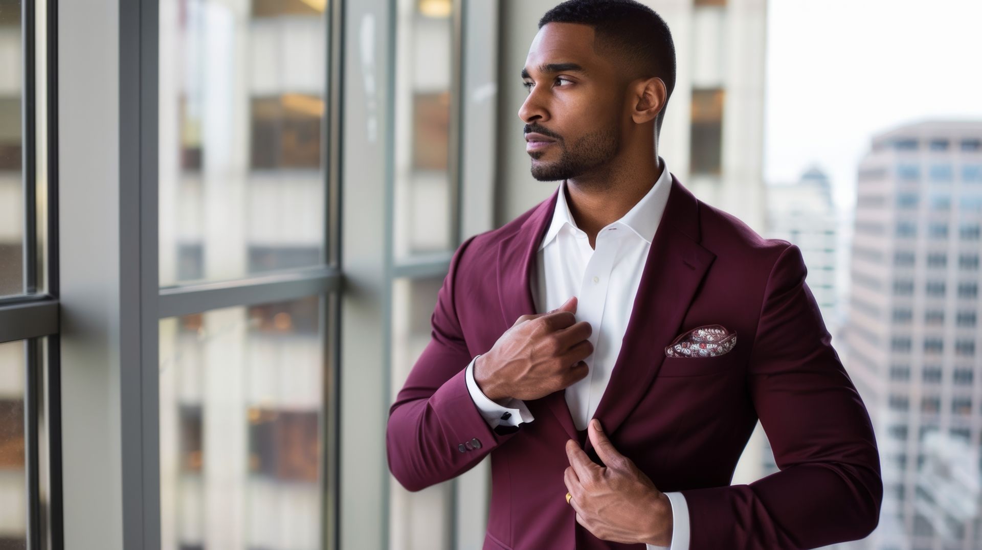 A man in a maroon suit is standing in front of a window adjusting his jacket.