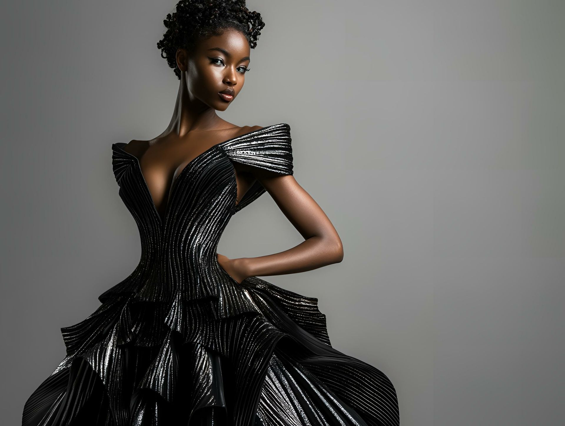 A woman in a black dress is standing in front of a gray background.