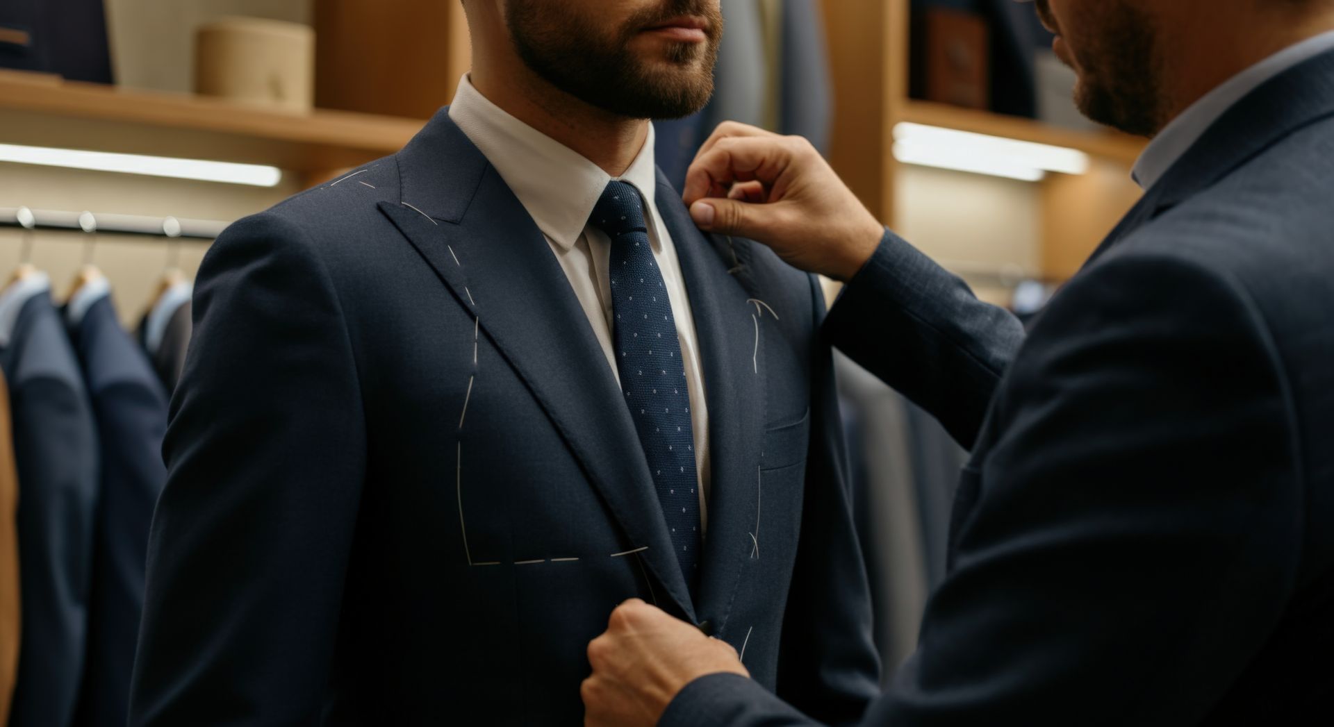 A man is getting his suit tailored by a tailor.