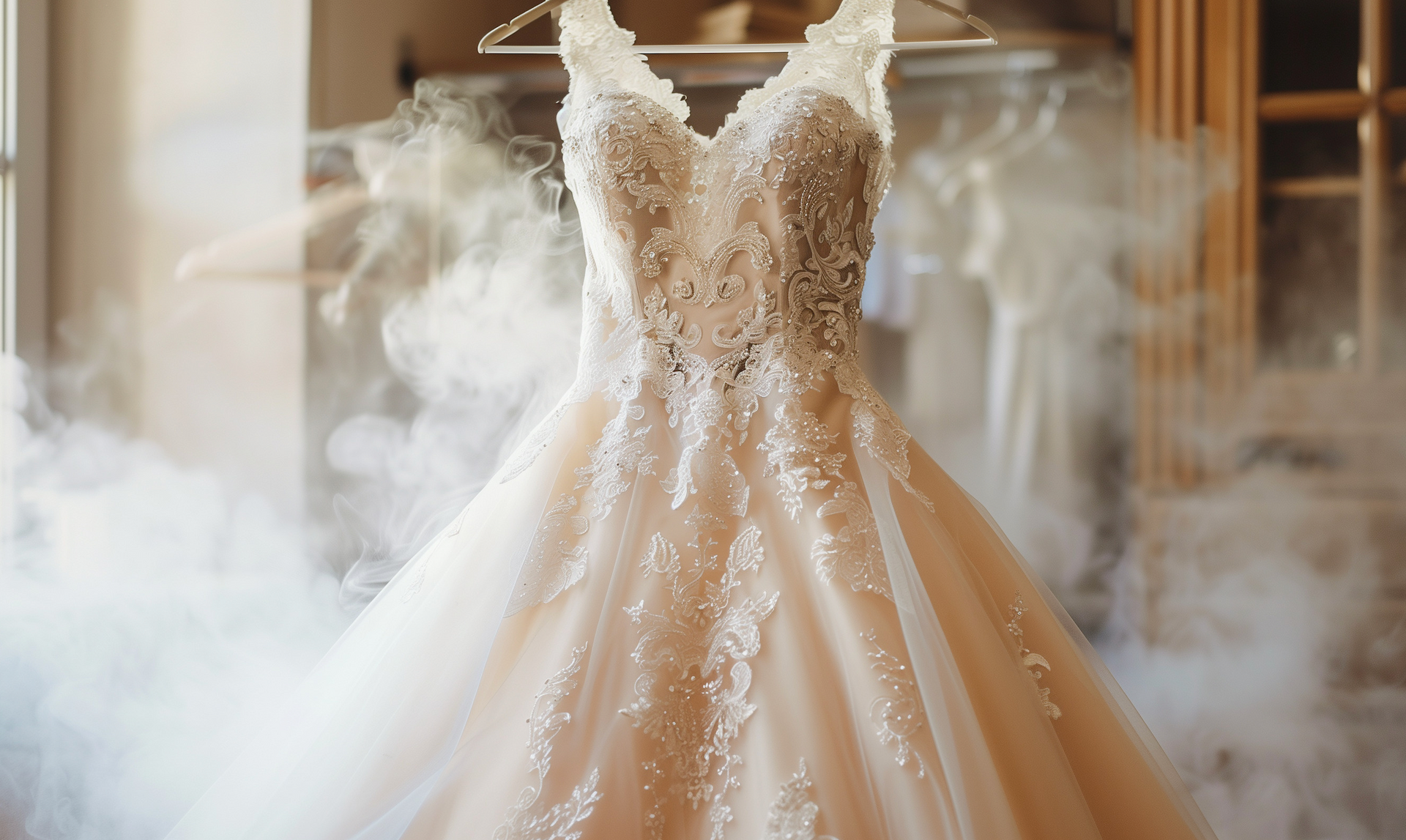 A white, lace-embellished wedding dress hangs on a hanger, surrounded by swirling mist in a room.