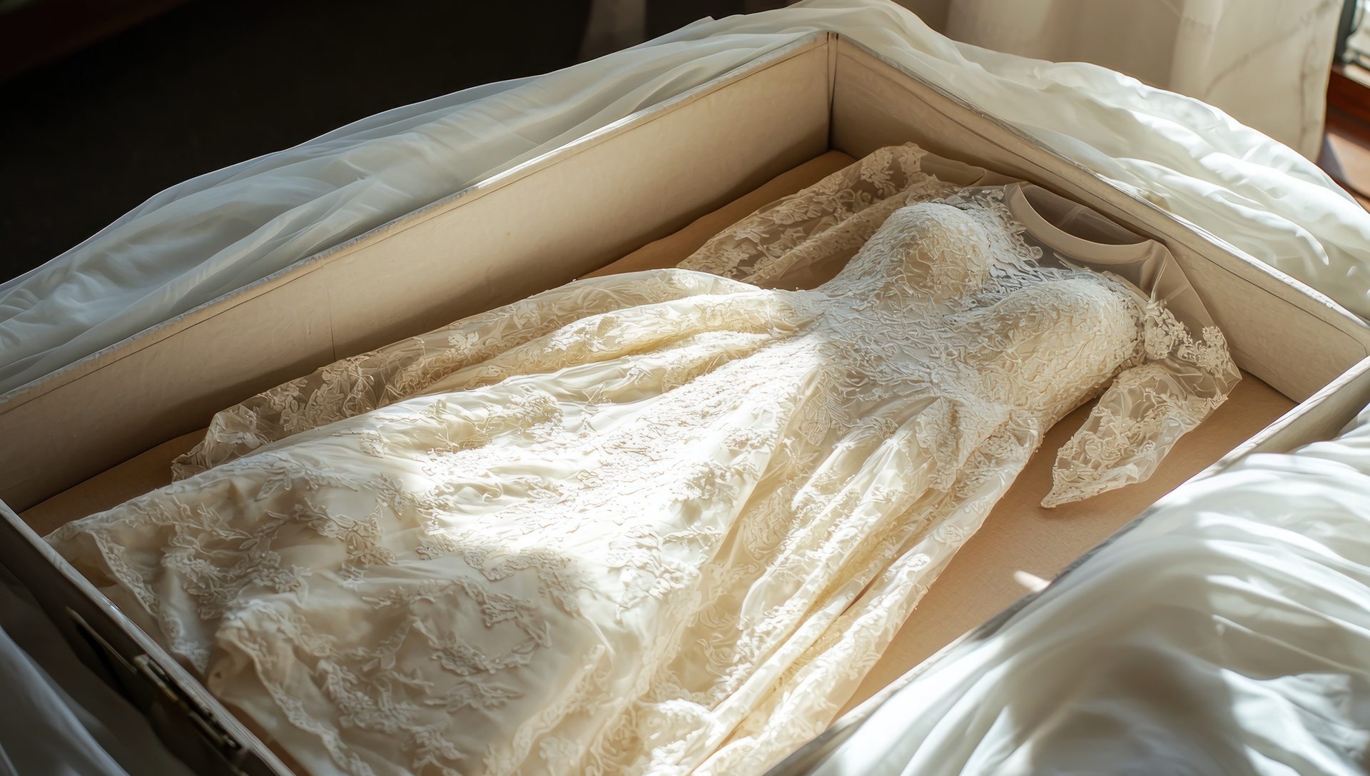 An elegant, off-white lace wedding dress carefully laid out inside a rectangular box.