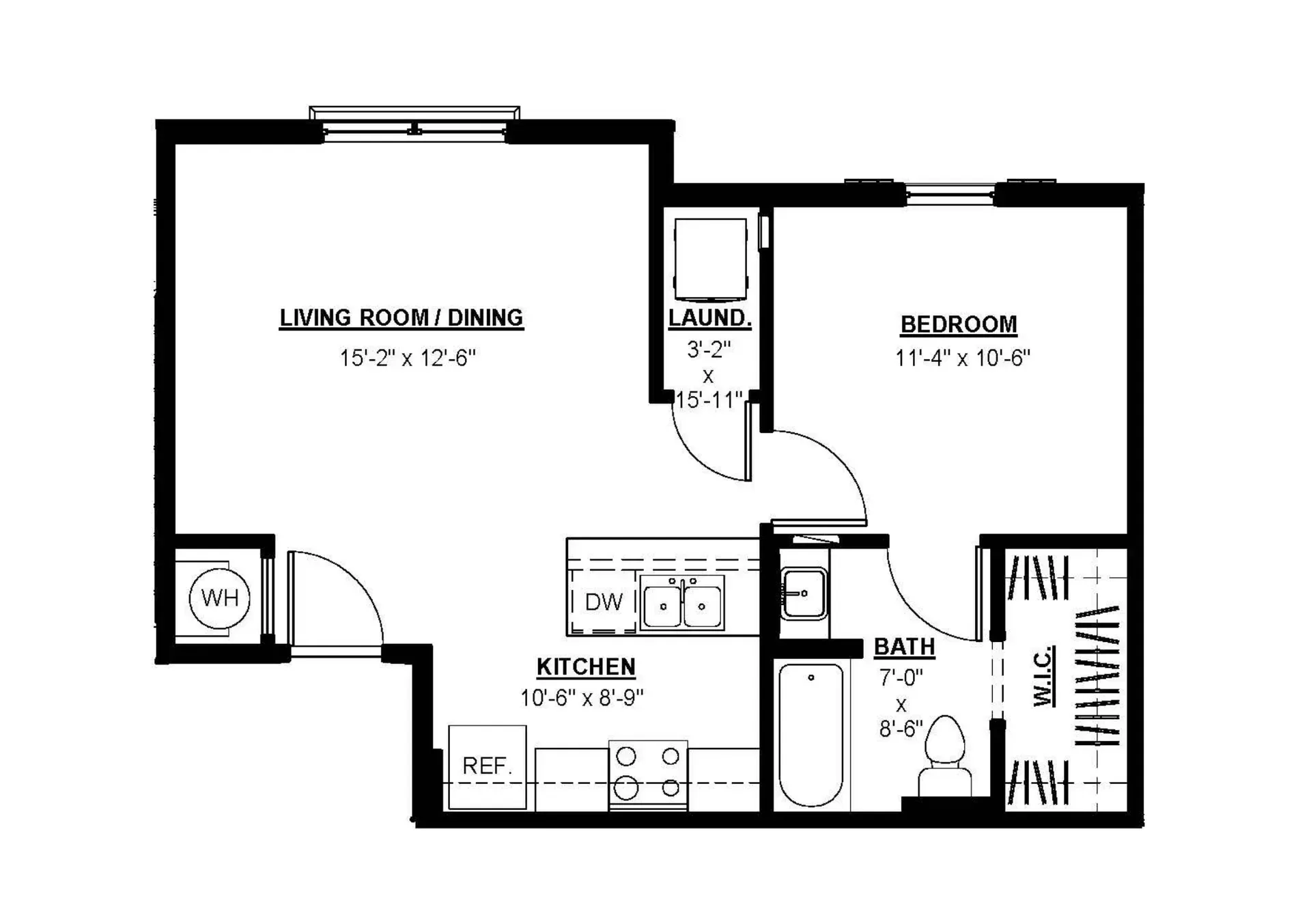 One‑bedroom apartment floor plan showing living room, kitchen, bedroom, bath, laundry, and walk‑in closet layout