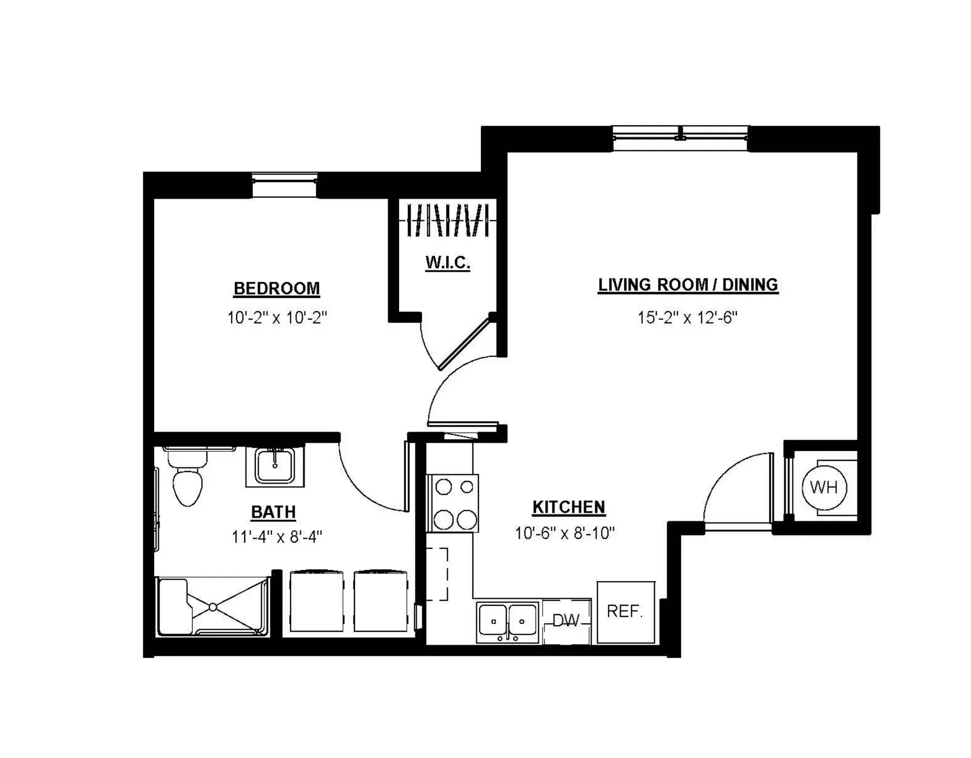 Accessible one‑bedroom apartment floor plan showing widened doors, open kitchen layout, and clear mobility pathways