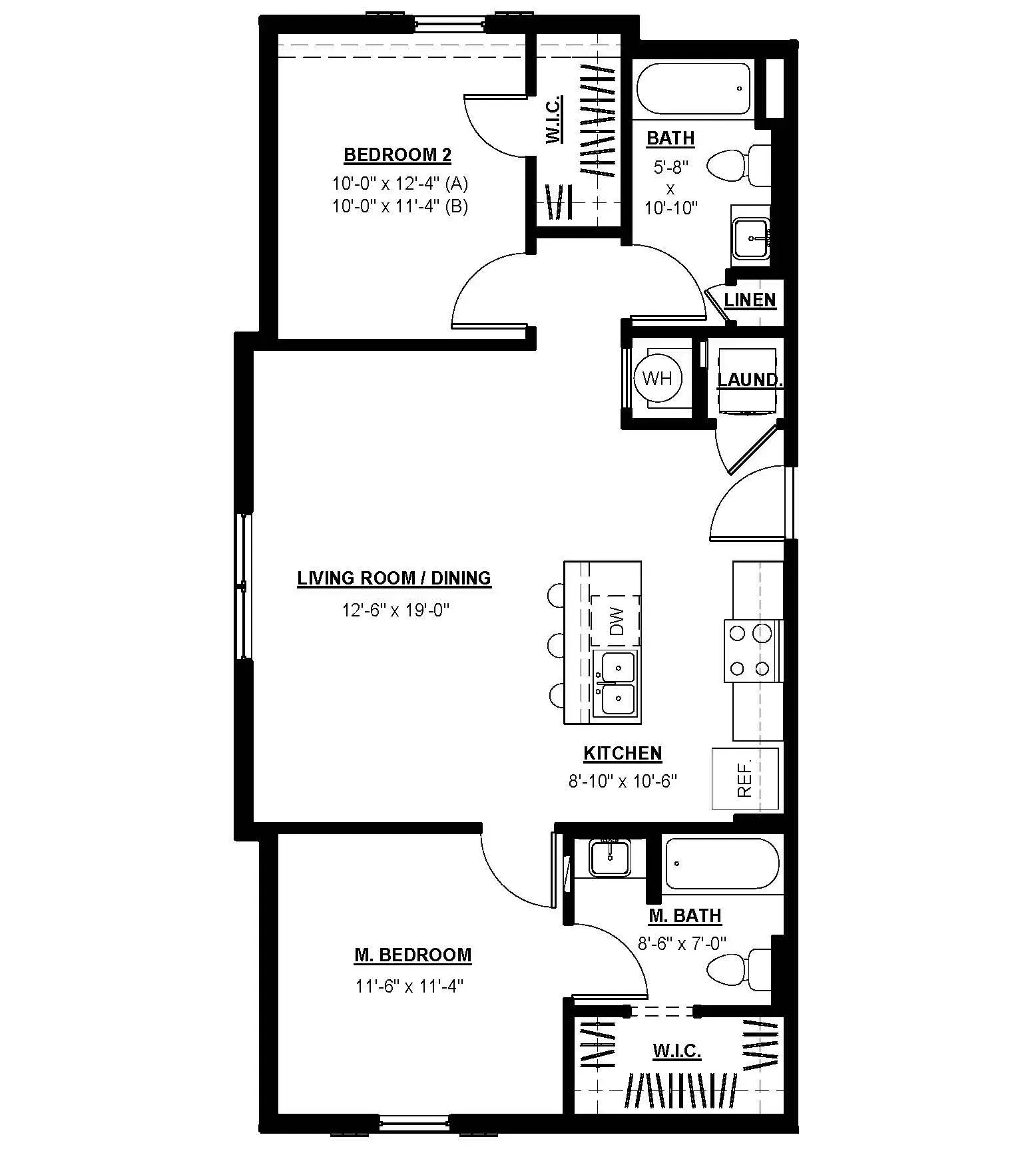 Two‑bedroom apartment floor plan showing kitchen, living–dining area, two bedrooms, two baths, laundry, and walk‑in closets