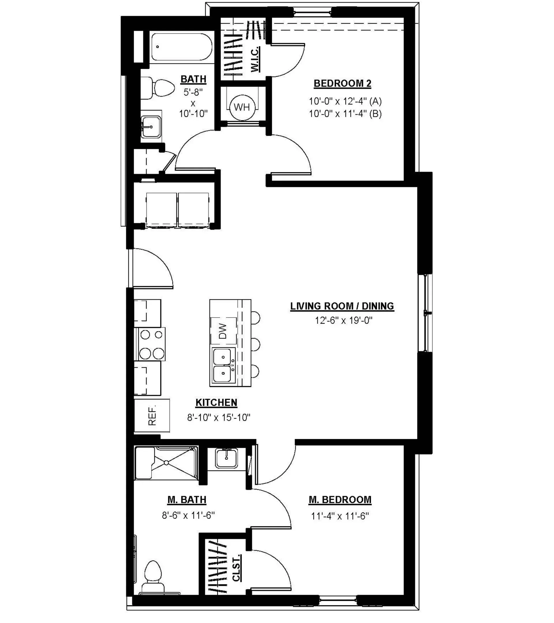 Accessible two‑bedroom apartment floor plan showing open kitchen, widened doors, and clear mobility pathways throughout