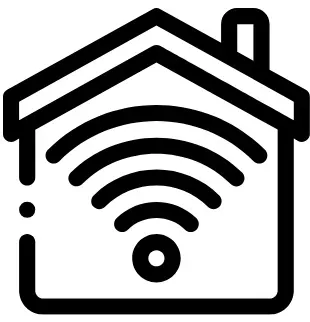 Black smart‑home icon showing house outline with centered wireless signal