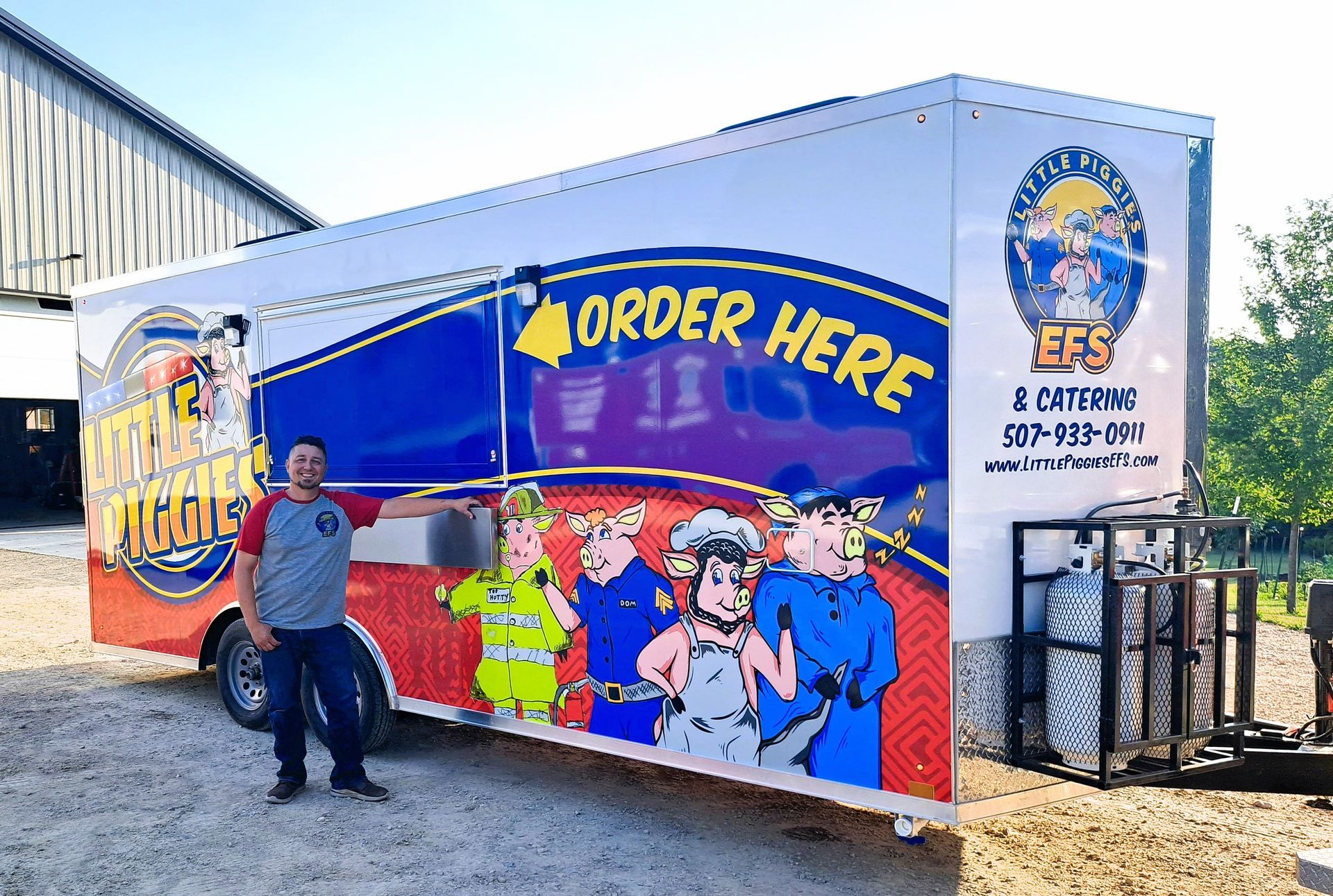 Bright blue El Popo food truck with “Order Here” sign and a person standing outside