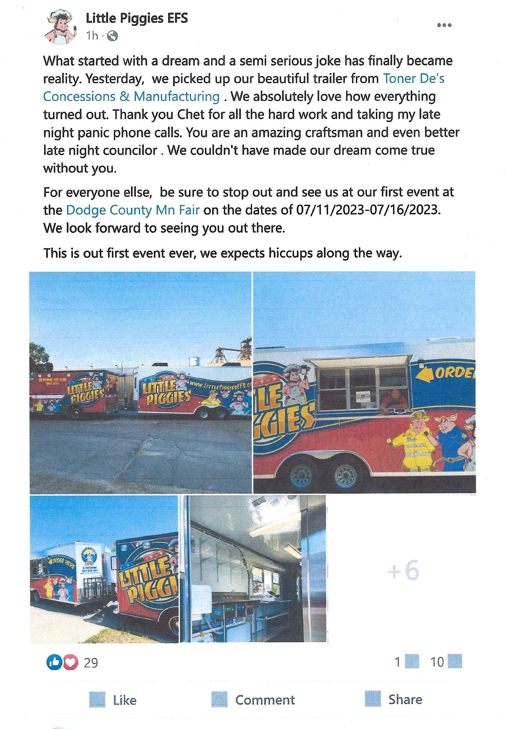 Social media post with four photos of a brightly painted food truck and storefront area outdoors