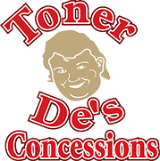Logo for Toney De's Concessions with red lettering and a smiling cartoon face on white background