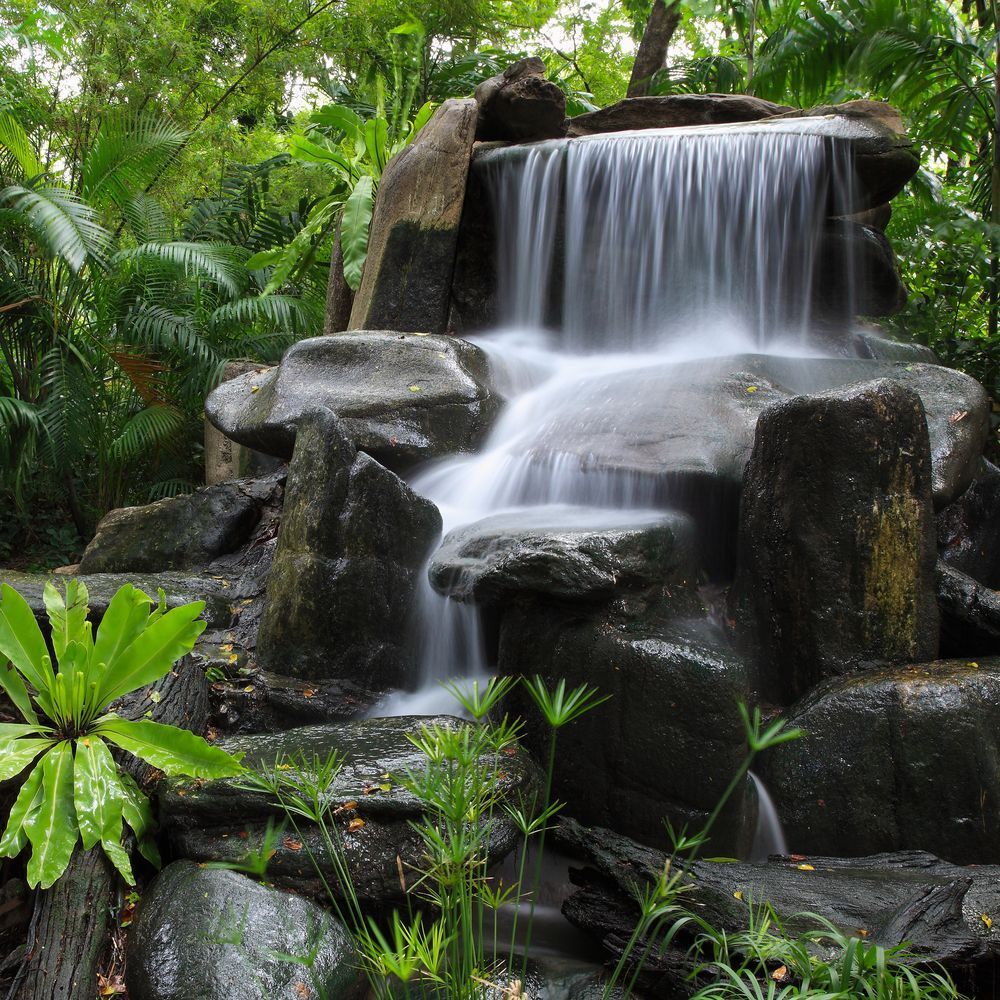 Lush Tropical Waterfall Cascading Over Dark Rocks — On The Mark Landscaping in Branyan, QLD