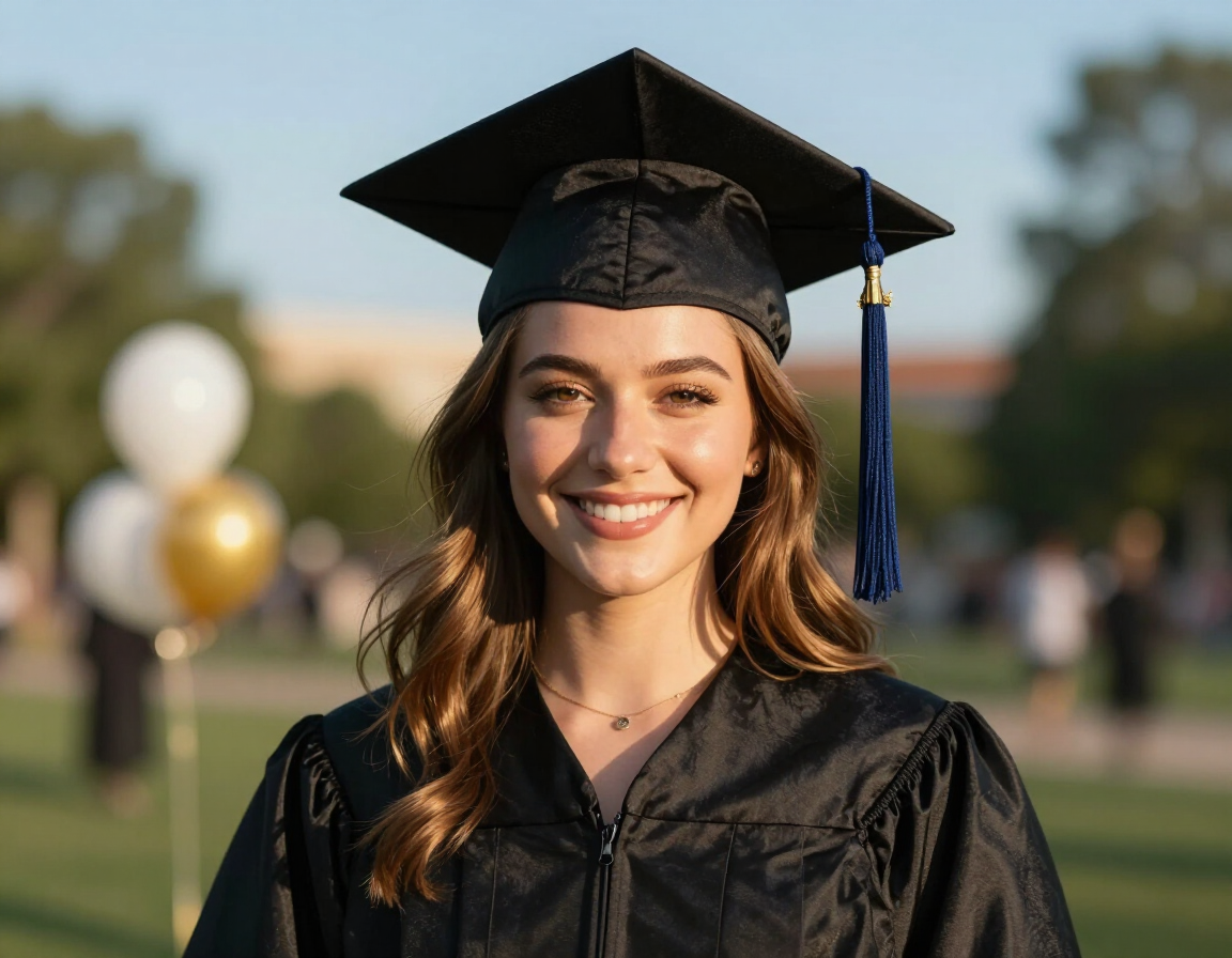 Young woman in graduation regalia smiling at an outdoor ceremony