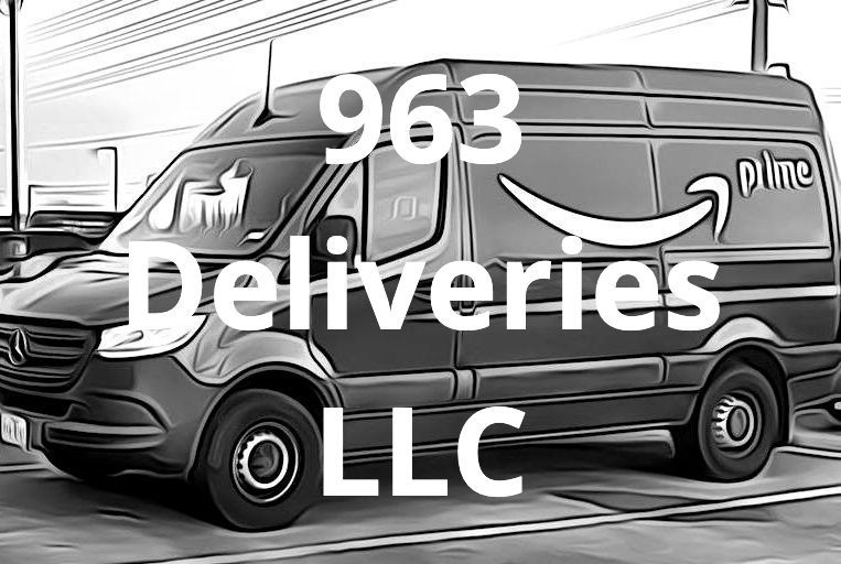A black and white drawing of an amazon delivery van parked in a parking lot.