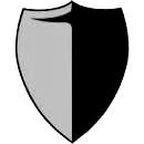 A black and white shield on a white background.