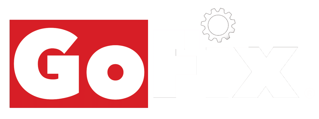 The gofix logo is a red and white logo on a black background.