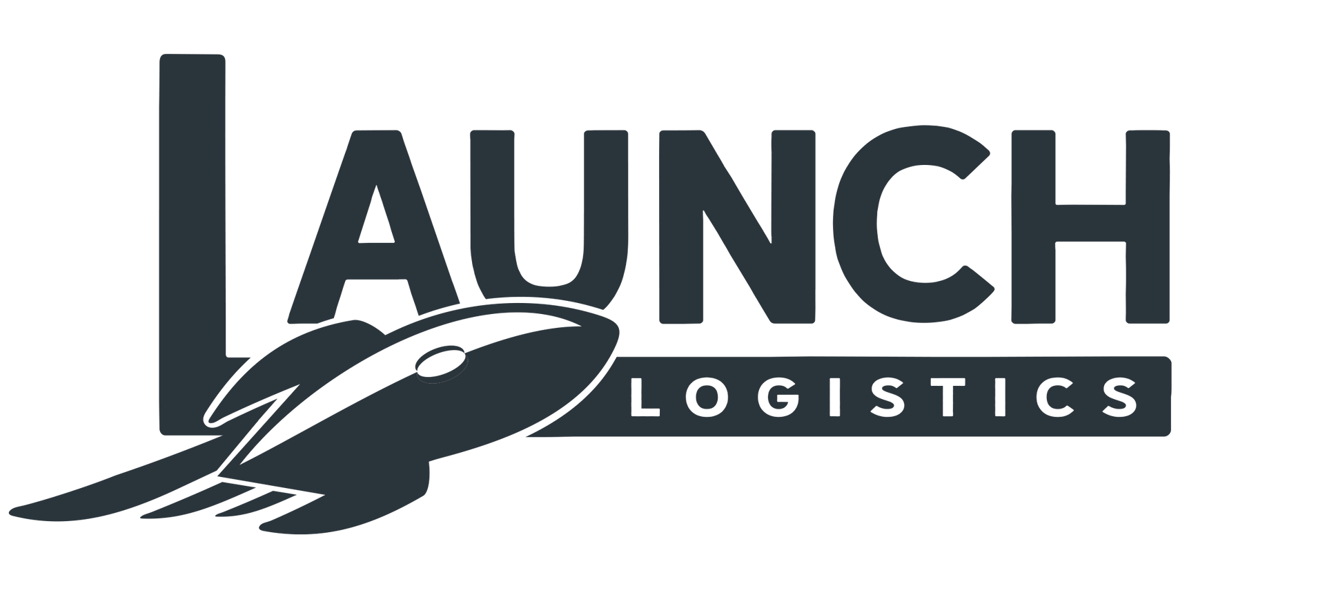 A black and white logo for launch logistics with a rocket in the middle.