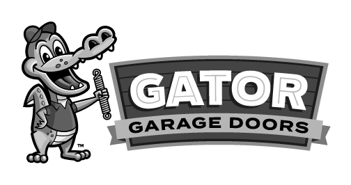 A black and white logo for gator garage doors with a crocodile holding a key.