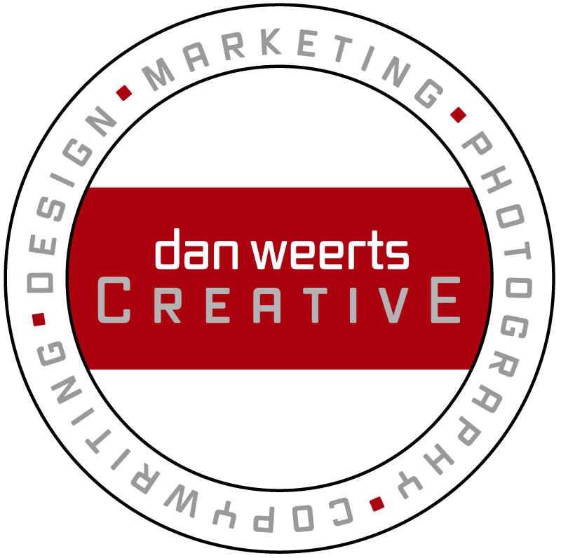 A red and white logo for dan weerts creative