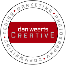 A red and white logo for dan weerts creative