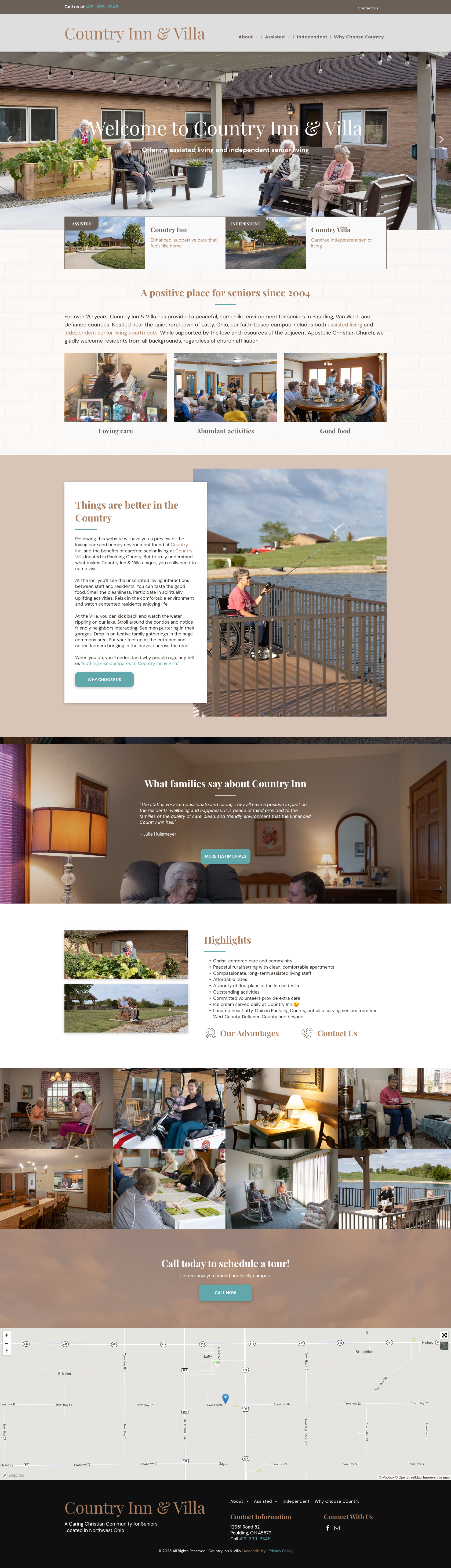 Website layout with images of a building, interior decor, and outdoor scenes.