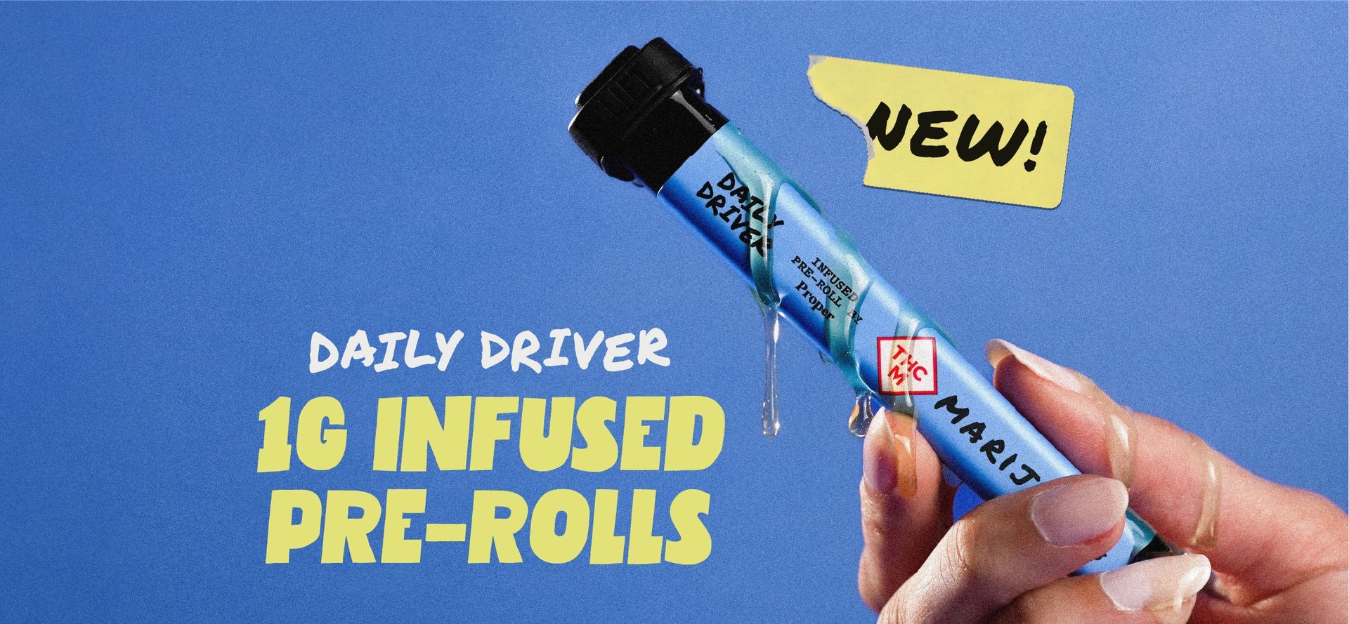 Cannabis pre-roll tube with “1G infused pre-rolls” text on a blue background