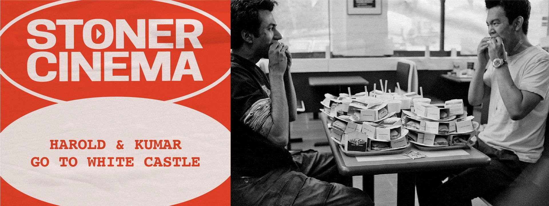 Stoner Cinema poster with red title and black-and-white scene of two men at a table in a room