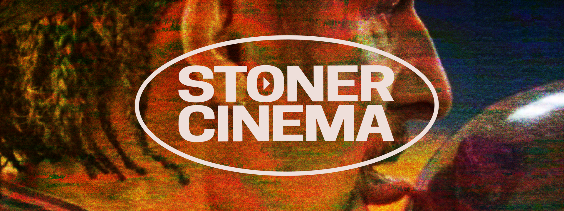 Stoner Cinema logo in white text inside an oval over a colorful abstract background