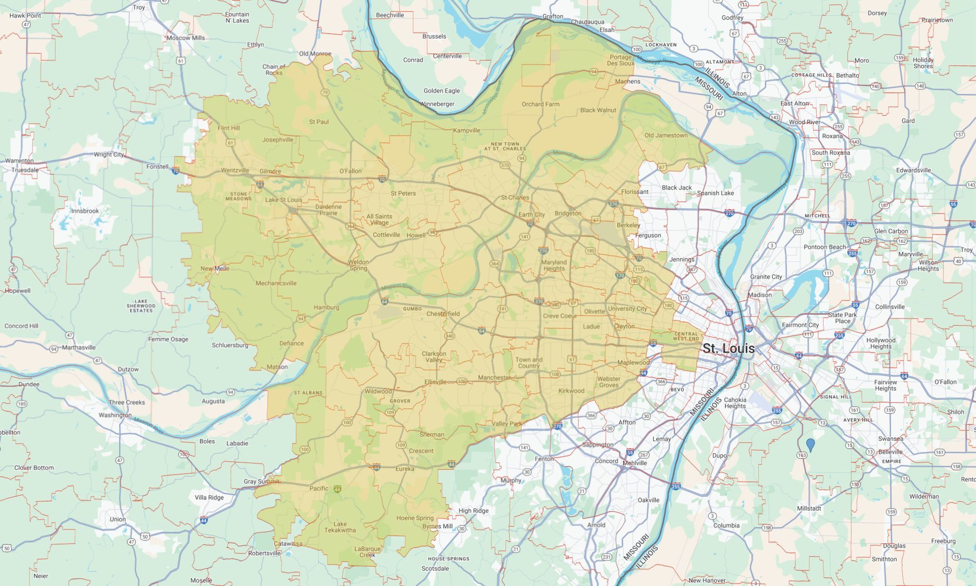 Topographic map of a green landmass with surrounding blue water, roads, and city labels.
