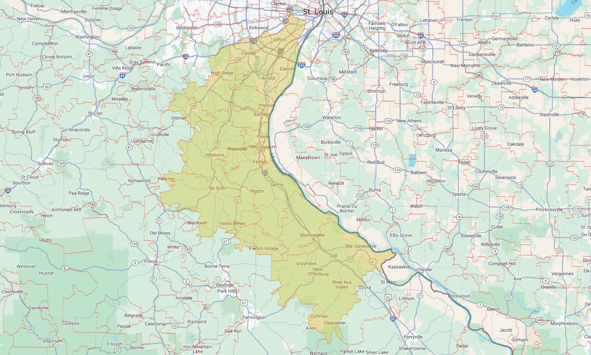 Topographic map with a yellow highlighted region outlined in red, centered on a river bend.