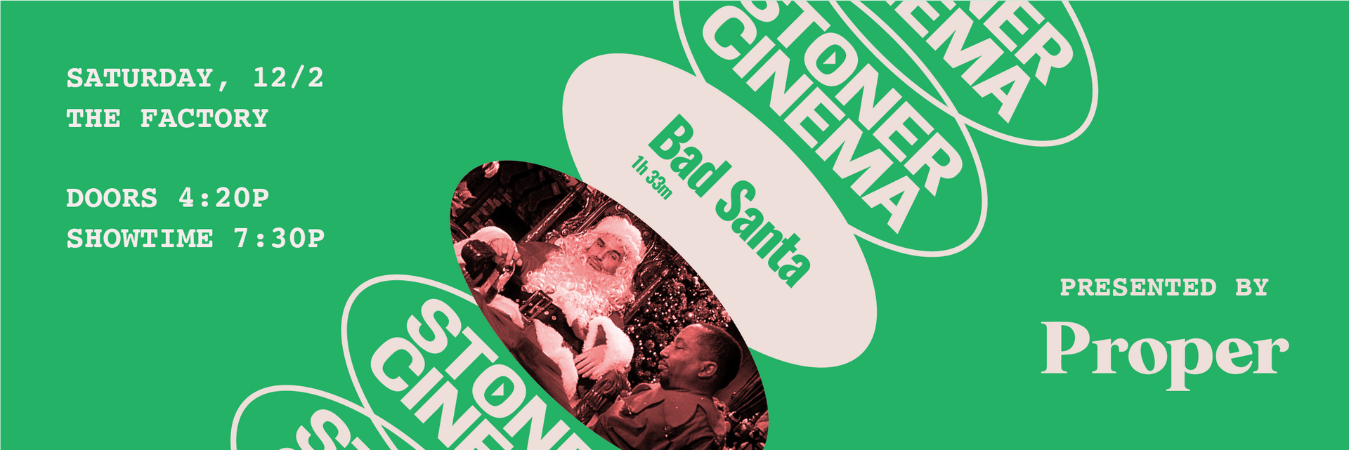 Green poster for Summer Cinema with a watermelon slice and white event details for Proper.