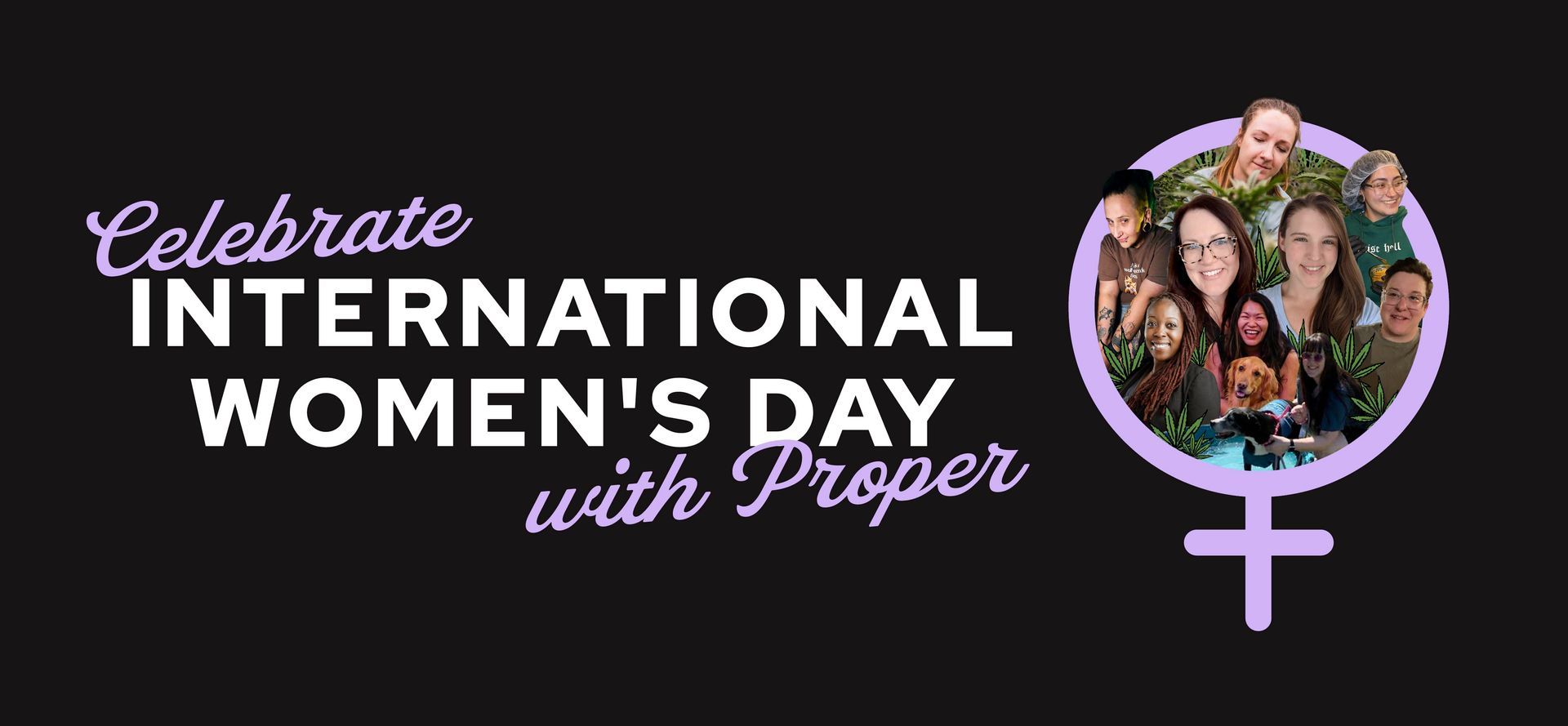 International Women’s Day graphic with purple text, a group photo, and a female symbol on a dark background