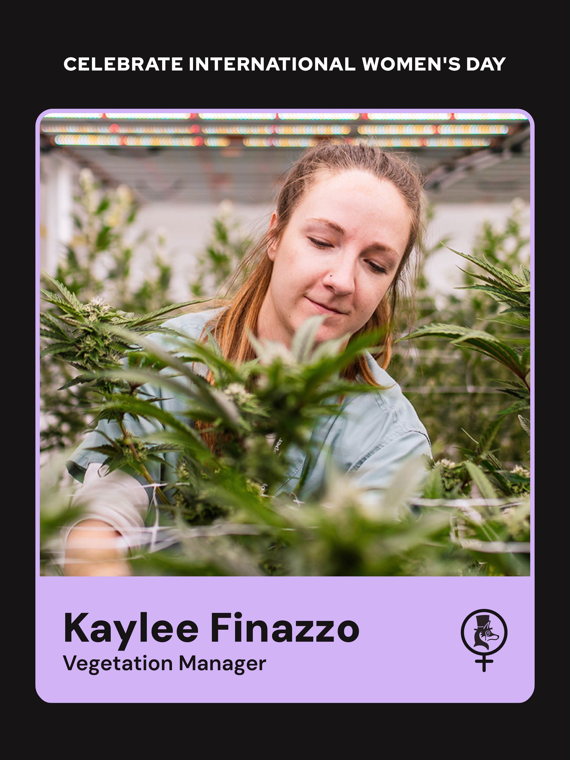 Woman in a greenhouse tending plants, with text “Celebrate International Women’s Day” and “Kaylee Finazzo, Vegetation Manager”