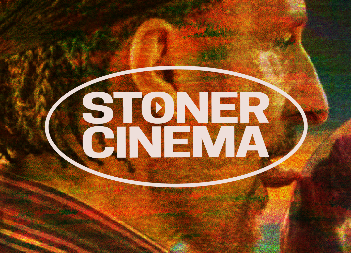 Stoner Cinema logo in bold white text over a warm orange-green face background, inside an oval outline