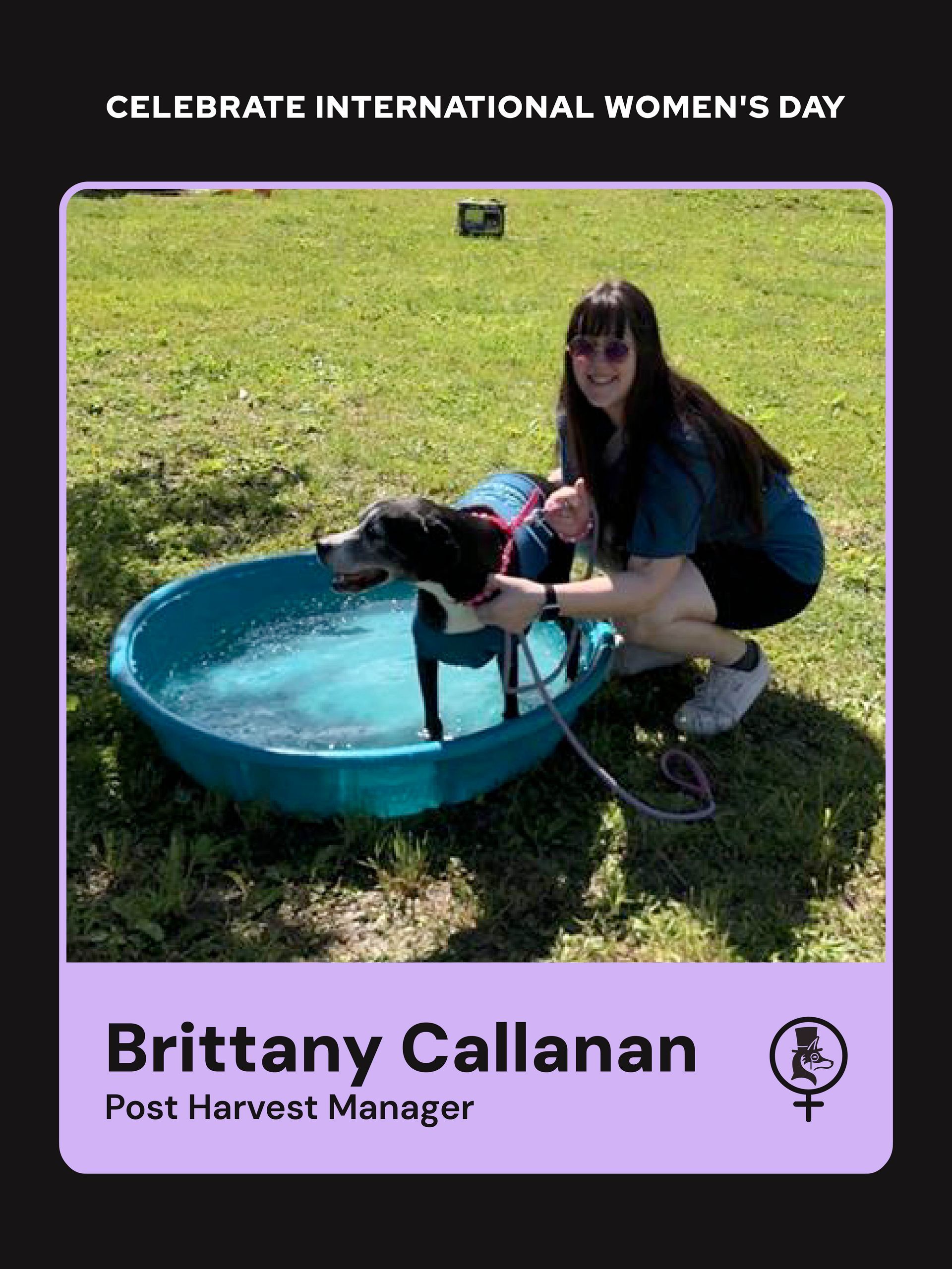Woman beside a dog in a blue kiddie pool on grass, with “Celebrate International Women’s Day” banner and Brittany Callanan text