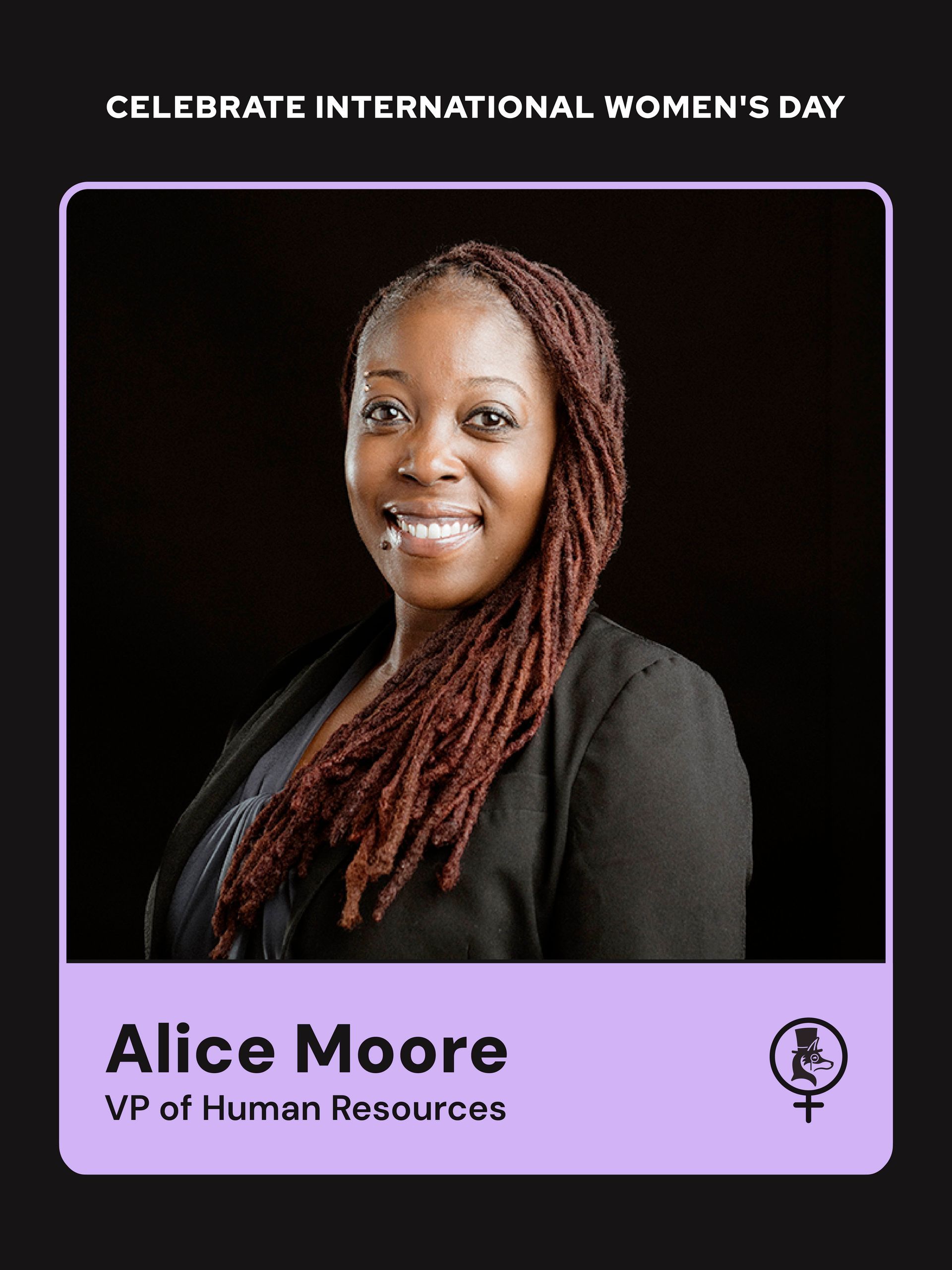 International Women’s Day poster featuring Alice Moore, VP of Human Resources, on a purple background