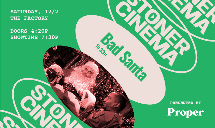 Green concert poster for Stone Cinema’s “Bad Santa,” with event details and a central black-and-white photo
