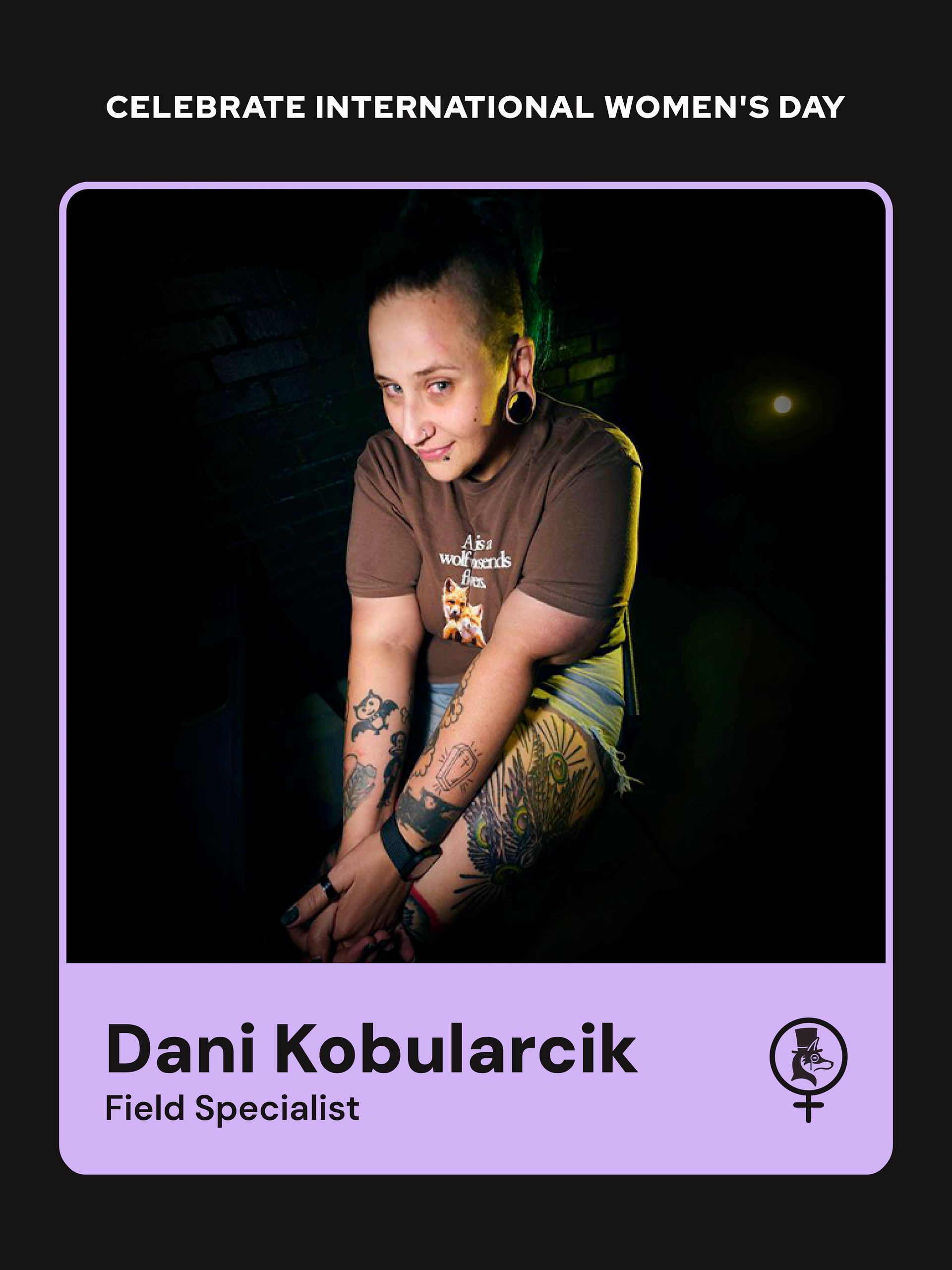 Portrait of Dani Kobularcik, Field Specialist, in a purple International Women’s Day tribute poster