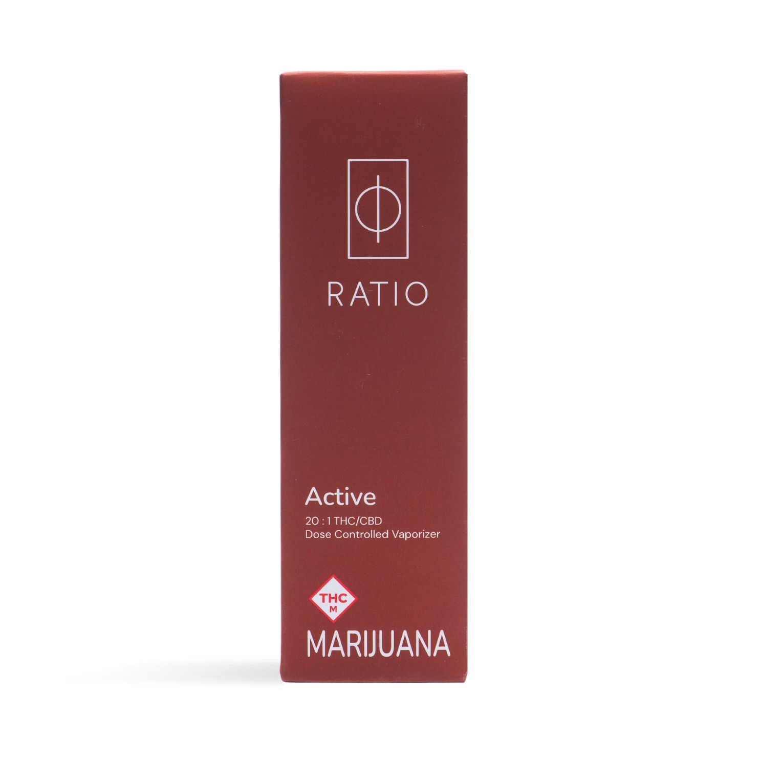 Maroon RATIO Active marijuana vape cartridge box on a white background