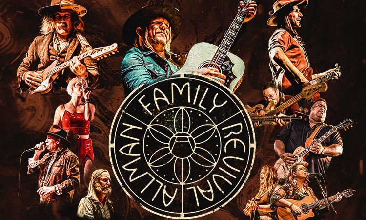 Collage of six rock musicians around a central circular band logo on a dark background