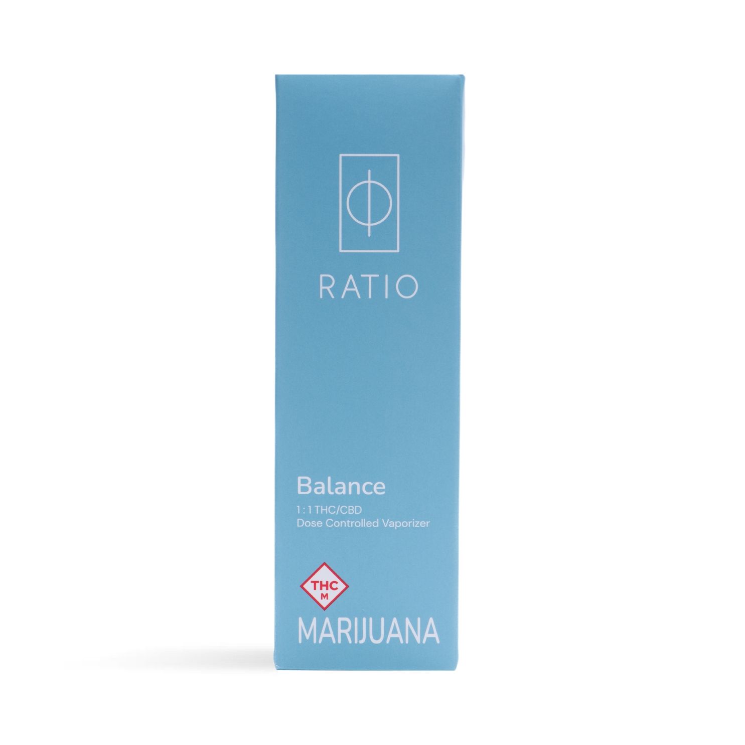 Blue RATIO Balance marijuana product box with white text on a plain background