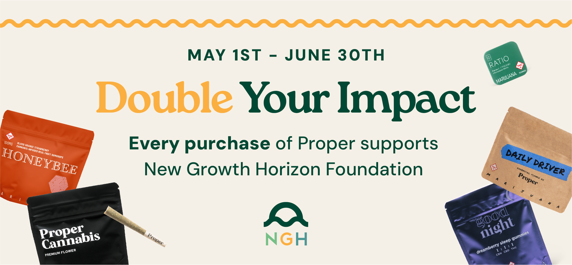 May 15–June 30: Double Your Impact fundraiser for New Growth Horizon Foundation, with coffee bags and logo