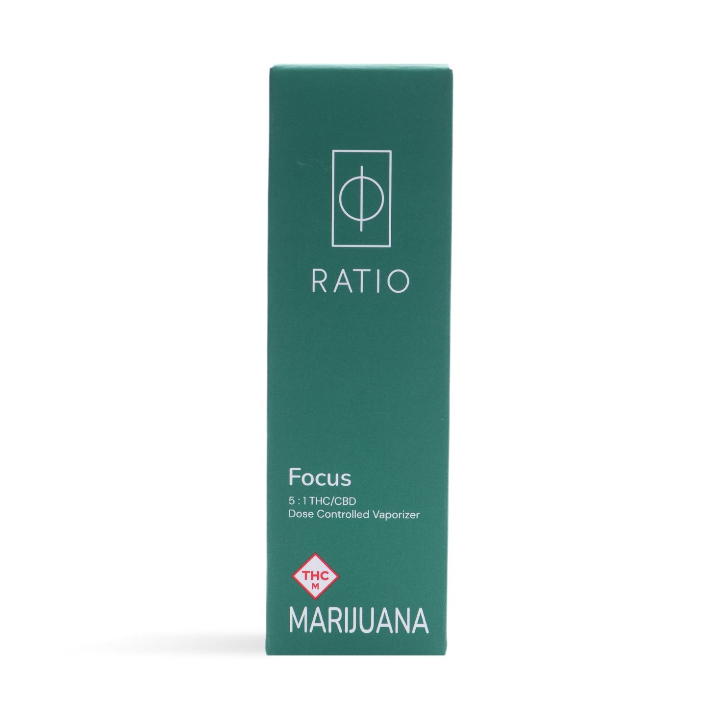 Green RATIO Focus marijuana product box with white text and logo