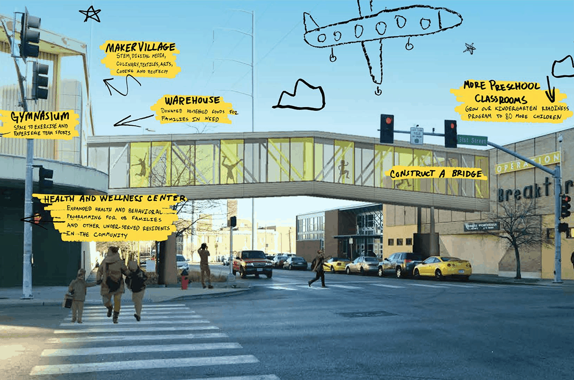 Yellow-annotated street scene with pedestrians, cars, and a pedestrian bridge over a road.