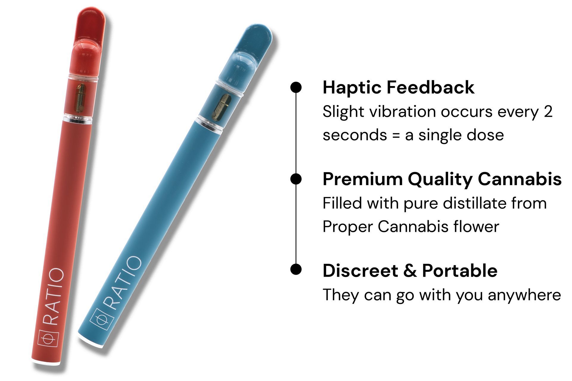 Two slim vape pens, red and blue, with text about hemp and premium quality cannabis.