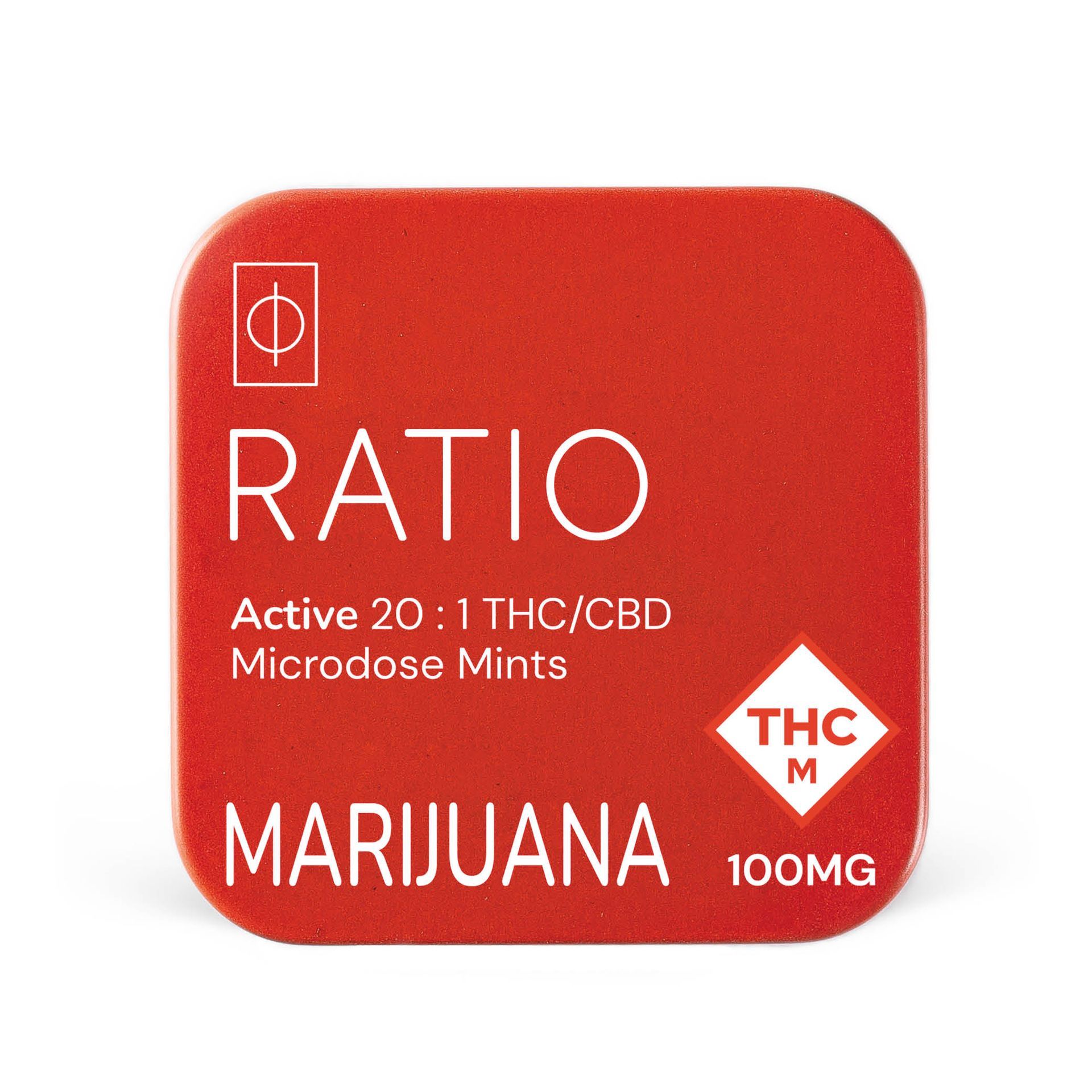 Red RATIO Marijuana Active 20:1 THC/CBD microdose mints package with THC label and 100MG